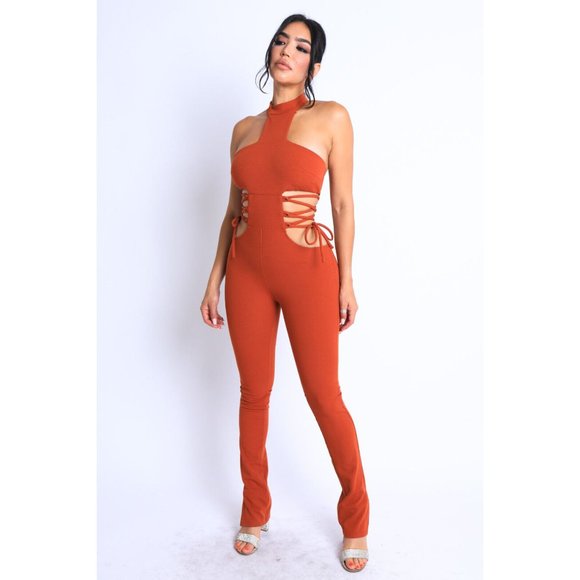 Women's Sexy Party Clubwear Cut Out Tie Detailed Grecian Neckline Jumpsuit - Picture 12 of 12